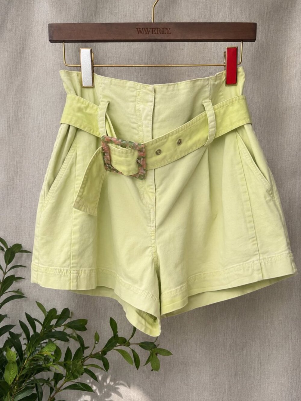 Tanya Taylor Paperbag Waist Belted Shorts Pistachio Green Cotton Stretch Size 12